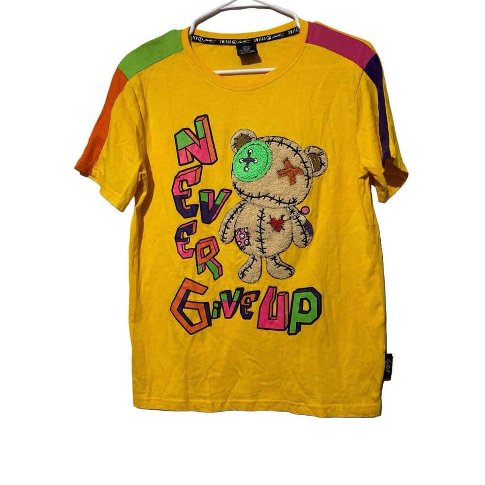 SWITCH Fuzzy Bear Never Give‎ Up T-Shirt YOUTH 14/ 16 Large Yellow